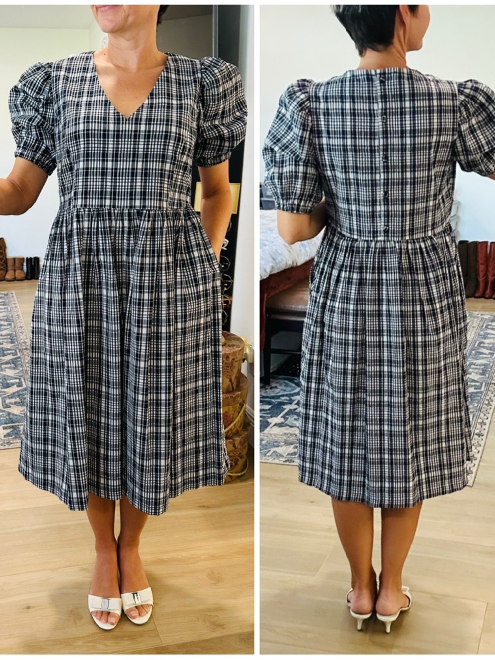 Fat Face Blue and White Checkered Babydoll Dress